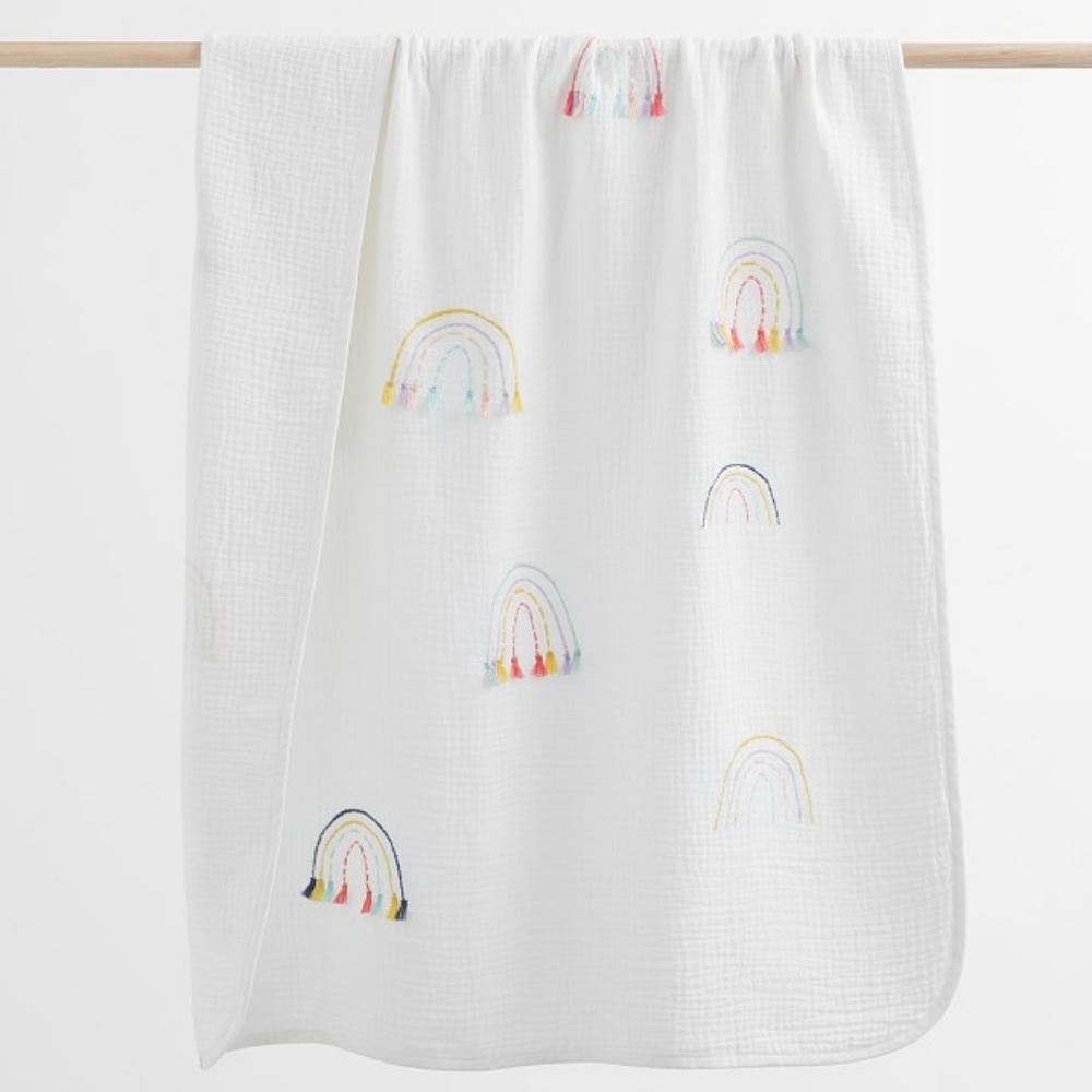 Pottery Barn Kids Rainbow Tassel Muslin Baby Blanket NWT